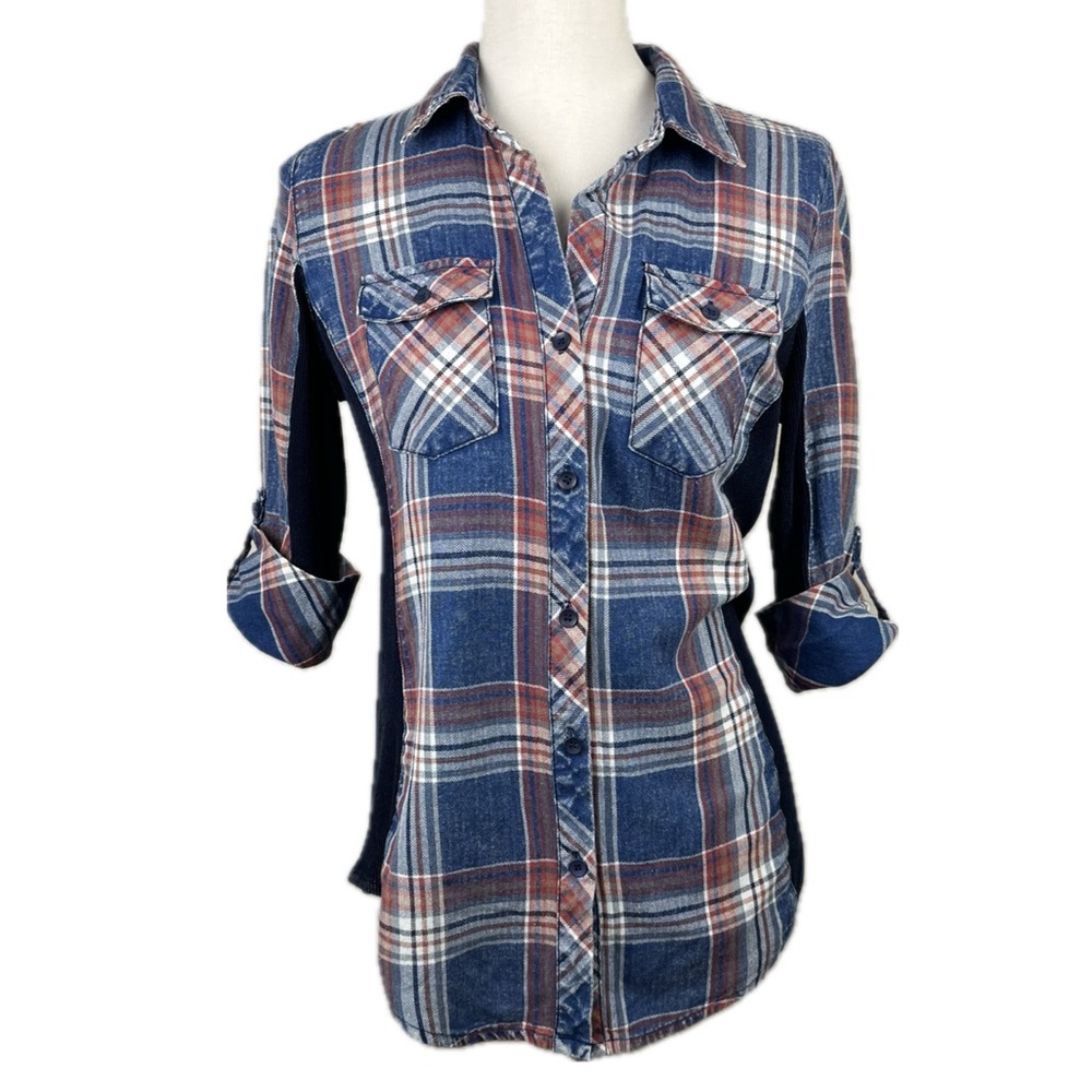 Ci Sono Plaid Flannel Shirt Sz S Washed Ribbed Sides Western Cowgirl Rodeo